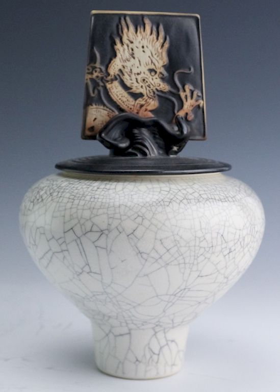 Appraisal: Andrew MacCorkindale Raku Dragon Pottery Jar Lid Andrew MacCorkindale studio