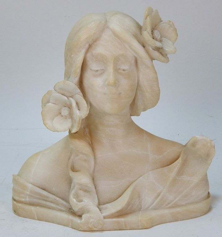 Appraisal: Art Nouveau Carved Alabaster Bust of Woman Italy Circa Serene