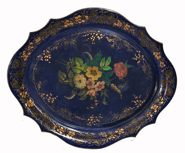 Appraisal: AN EARLY VICTORIAN BLUE PAPIER MACHE TRAY with painted summer