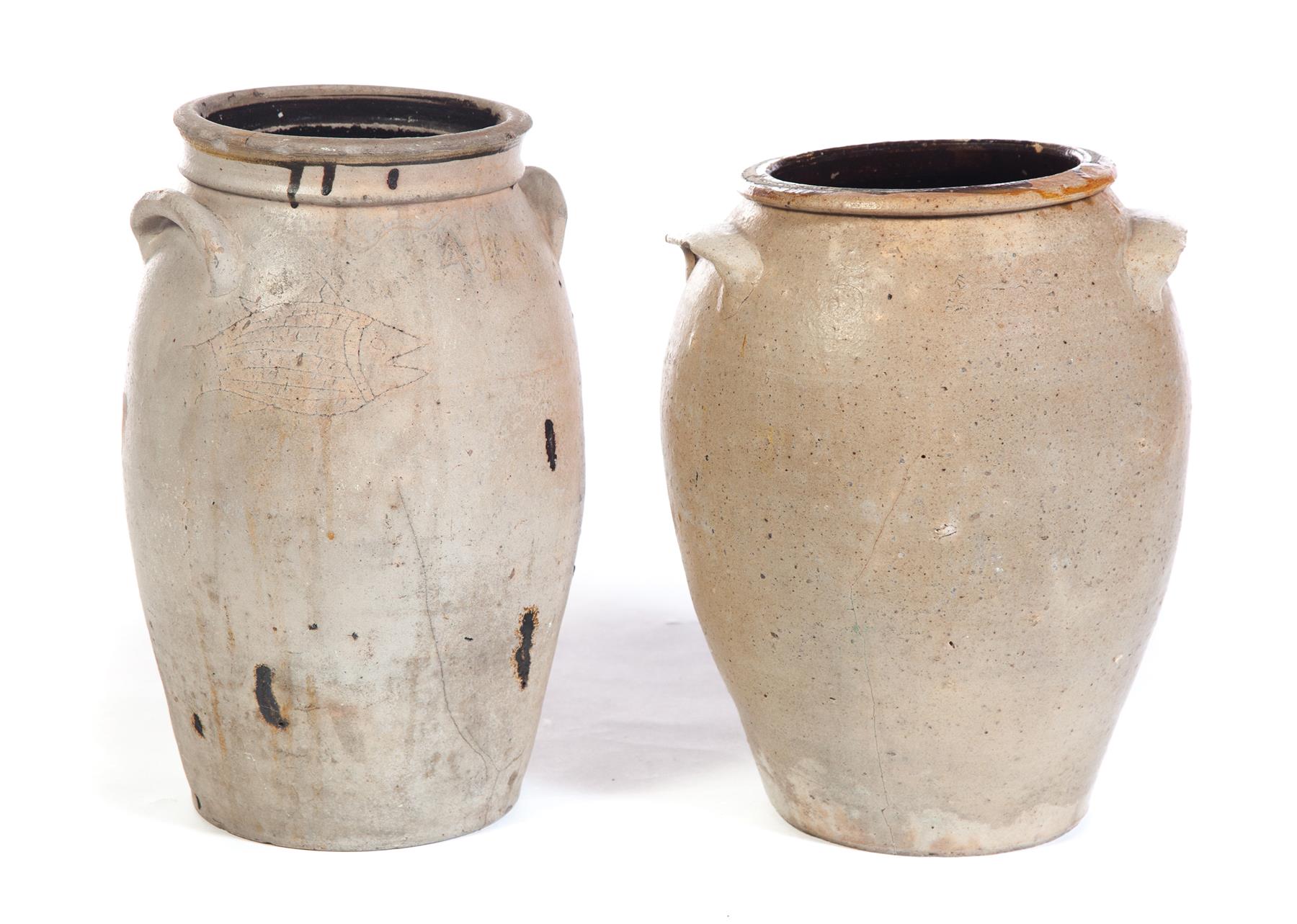 Appraisal: TWO PIECES OF OHIO STONEWARE Nineteenth century Five-gallon crock impressed