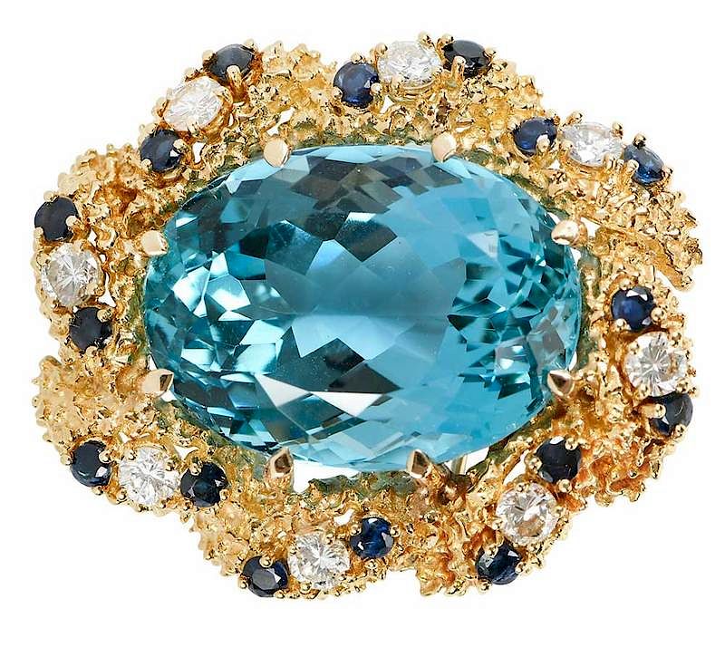 Appraisal: kt Aquamarine Diamond and Sapphire Brooch oval faceted aquamarine approx