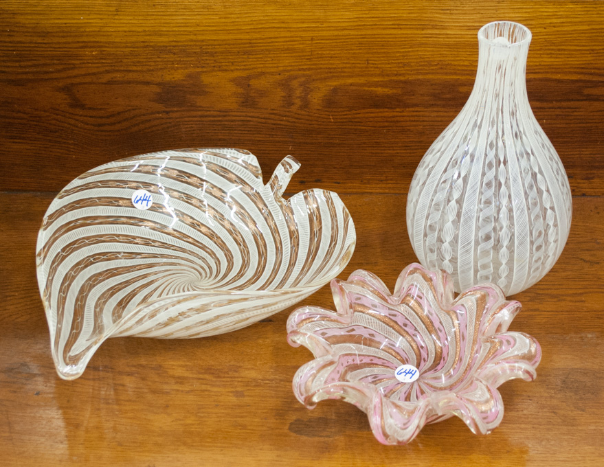 Appraisal: THREE MURANO FILIGRANA ART GLASS VESSELS vase H leaf bowl