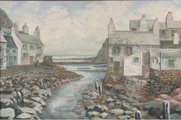 Appraisal: Unknown th Century Welsh seaside village oil on board houses