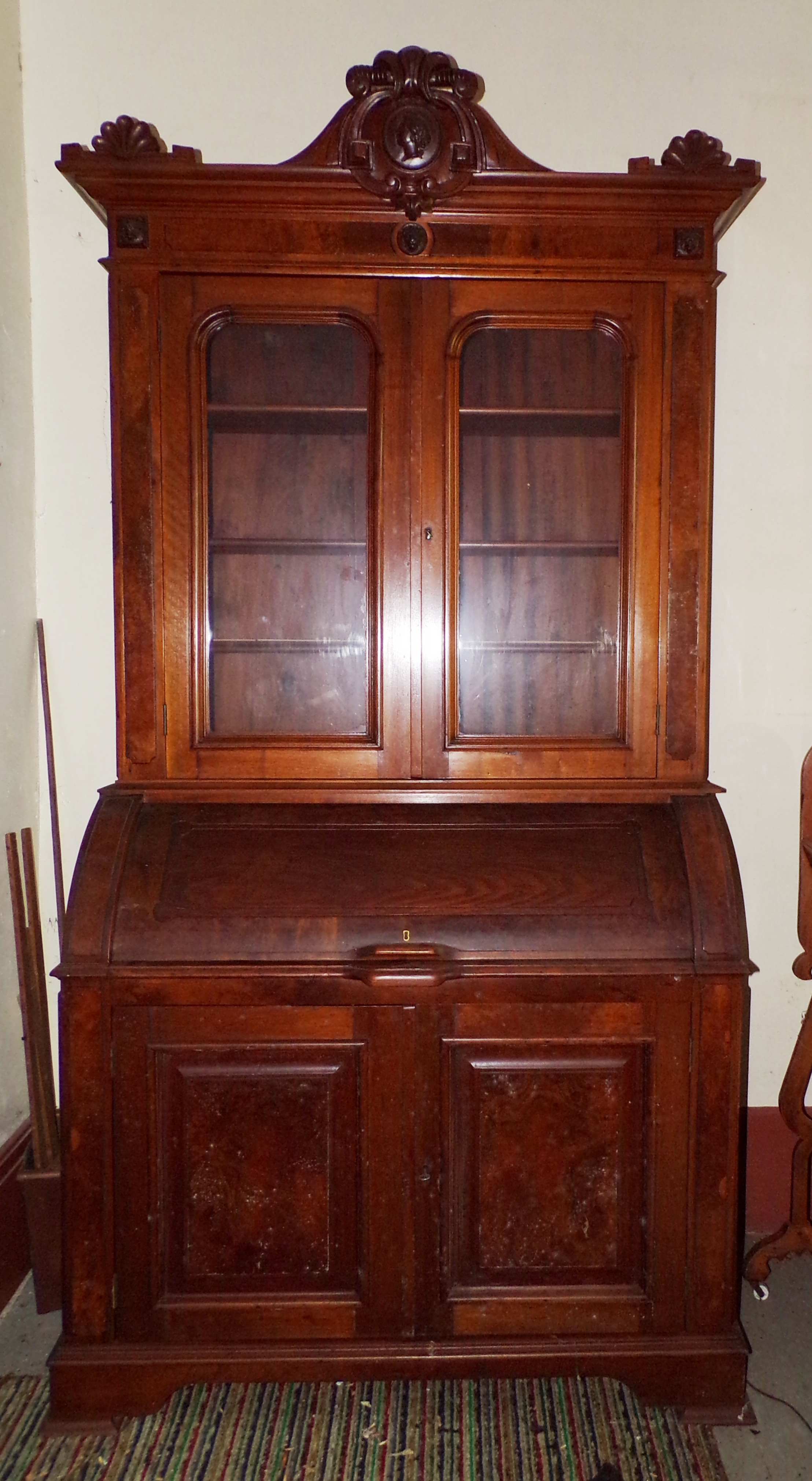 Appraisal: Victorian walnut secretary bookcase with burled walnut panels and carved