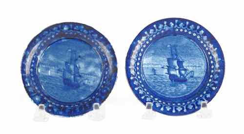 Appraisal: Pair of blue Staffordshire cup plates th c with ship