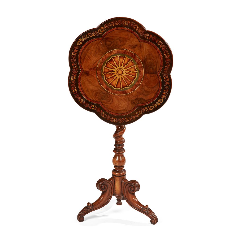 Appraisal: IRISH KILLARNEY ARBUTUS WALNUT AND MARQUETRY OCCASIONAL TABLE TH CENTURY