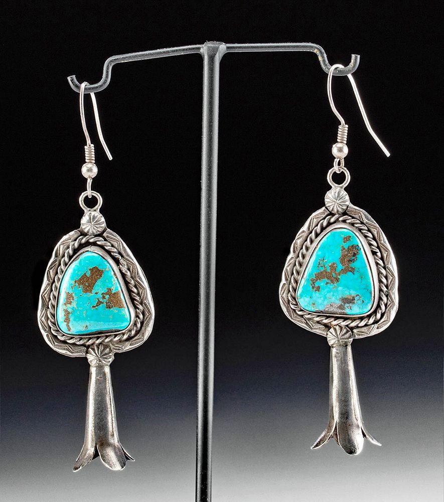 Appraisal: s Navajo Turquoise Silver Squash Blossom Earrings Native American Southwestern