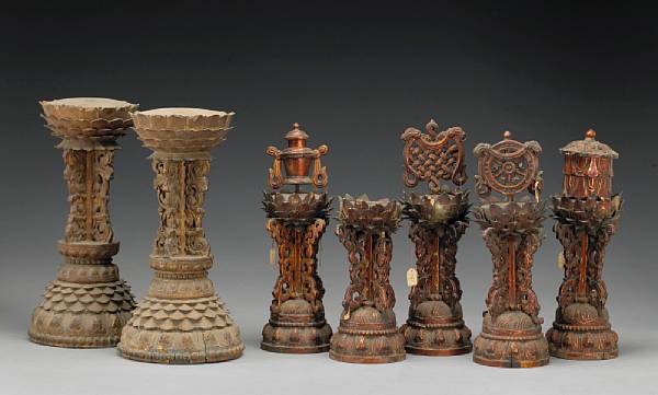 Appraisal: An assembled group of seven Sino-Tibetan gilt lacquered wood lotus