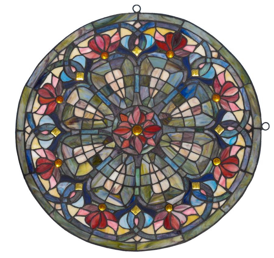 Appraisal: ROUND LEADED SLAG GLASS WINDOW Contemporary manufacture polychrome floral and