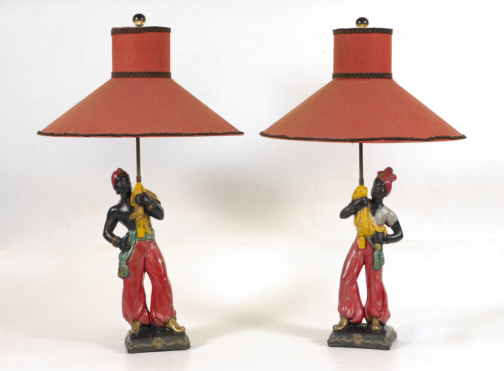 Appraisal: PAIR VINTAGE BLACKAMOOR TABLE LAMPS Mid th century polychrome decorated