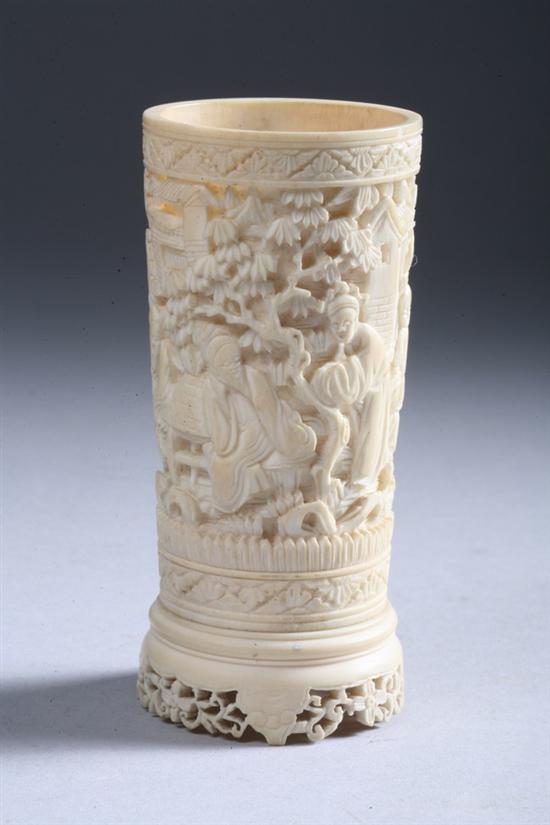 Appraisal: CHINESE IVORY BRUSH HOLDER Qing Dynasty Carved with court scene