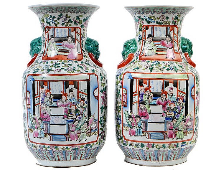 Appraisal: PAIR OF CHINESE FAMILLE ROSE DECORATED PORCELAIN VASESModern Of baluster