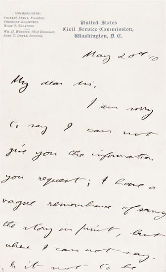 Appraisal: ROOSEVELT Theodore Autograph letter signed to an unnamed recipient concerning