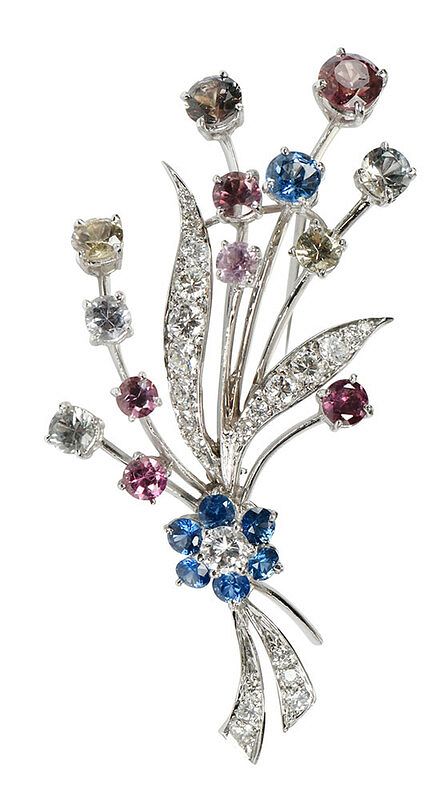 Appraisal: Retro kt Gemstone Brooch flower bouquet design round brilliant diamonds