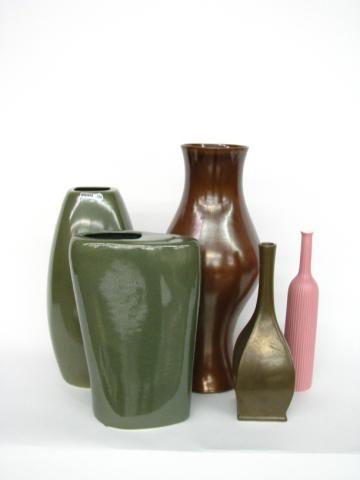 Appraisal: Group of five ceramic decorative vases including tall copper color