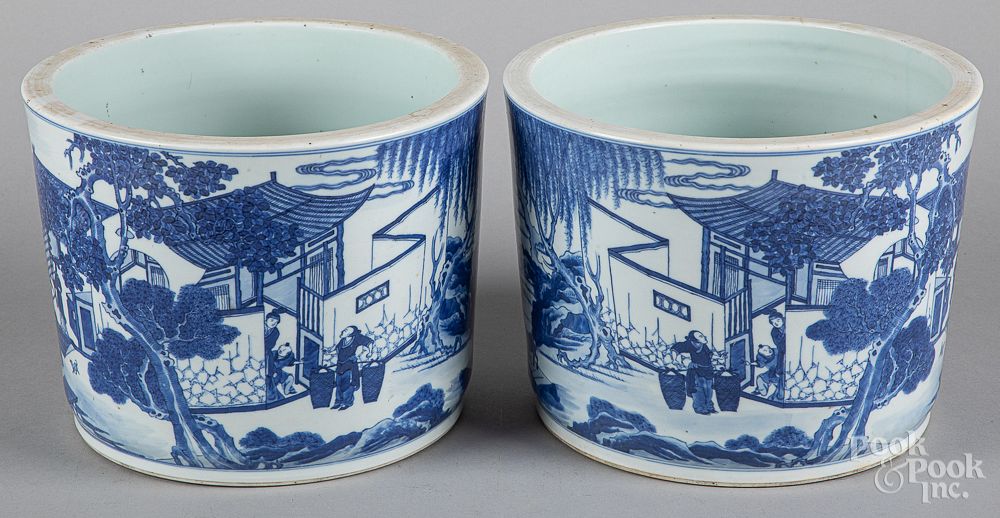 Appraisal: Chinese blue and white porcelain cache pots Pair of Chinese