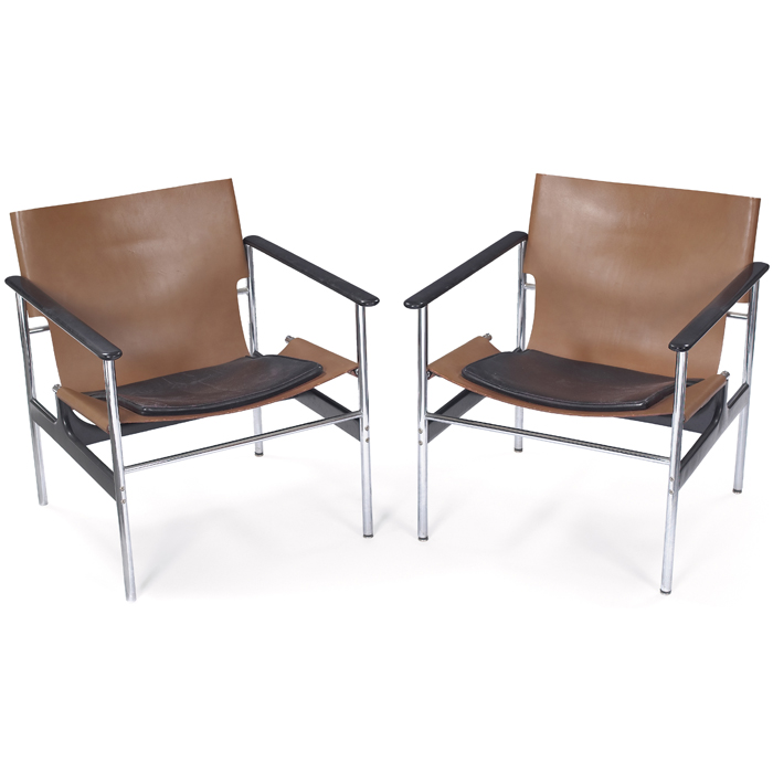 Appraisal: Charles Pollock chairs pair by Knoll original tan leather sling