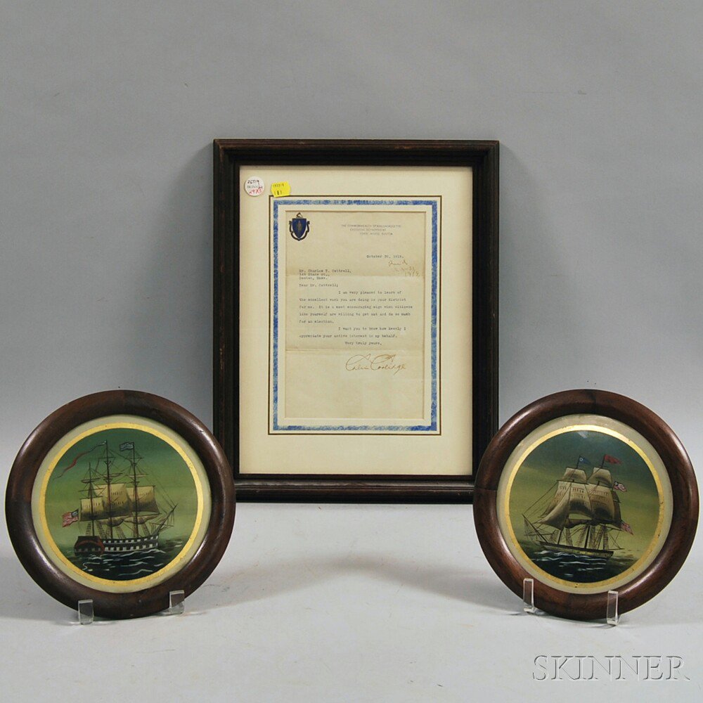 Appraisal: Framed Calvin Coolidge Letter and a Pair of Reverse-painted Ship