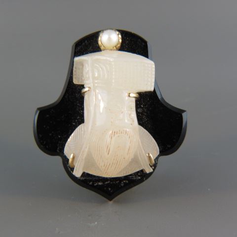 Appraisal: White Jade Brooch Chinese carved Immortal on black onyx pearl