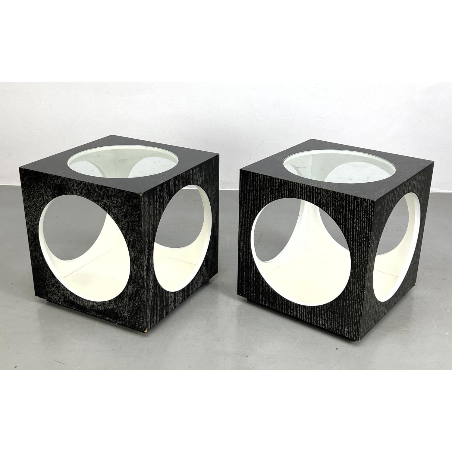 Appraisal: Pr Ebonized Op Art Cube Side Tables Limed black cubes