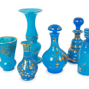 Appraisal: A Collection of Seven Gilt-Decorated Blue Opaline Glass Articles TH