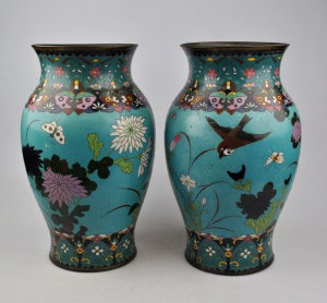 Appraisal: Pair of Japanese cloisonne vases turquoise ground decorated with swallows