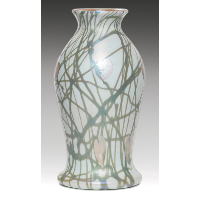 Appraisal: Quezal vase white glass witha pulled leaf and vine design