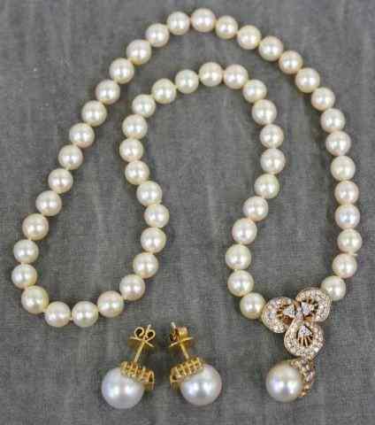 Appraisal: A Fine Quality k Gold Pearl and DiamondNecklace and Earring