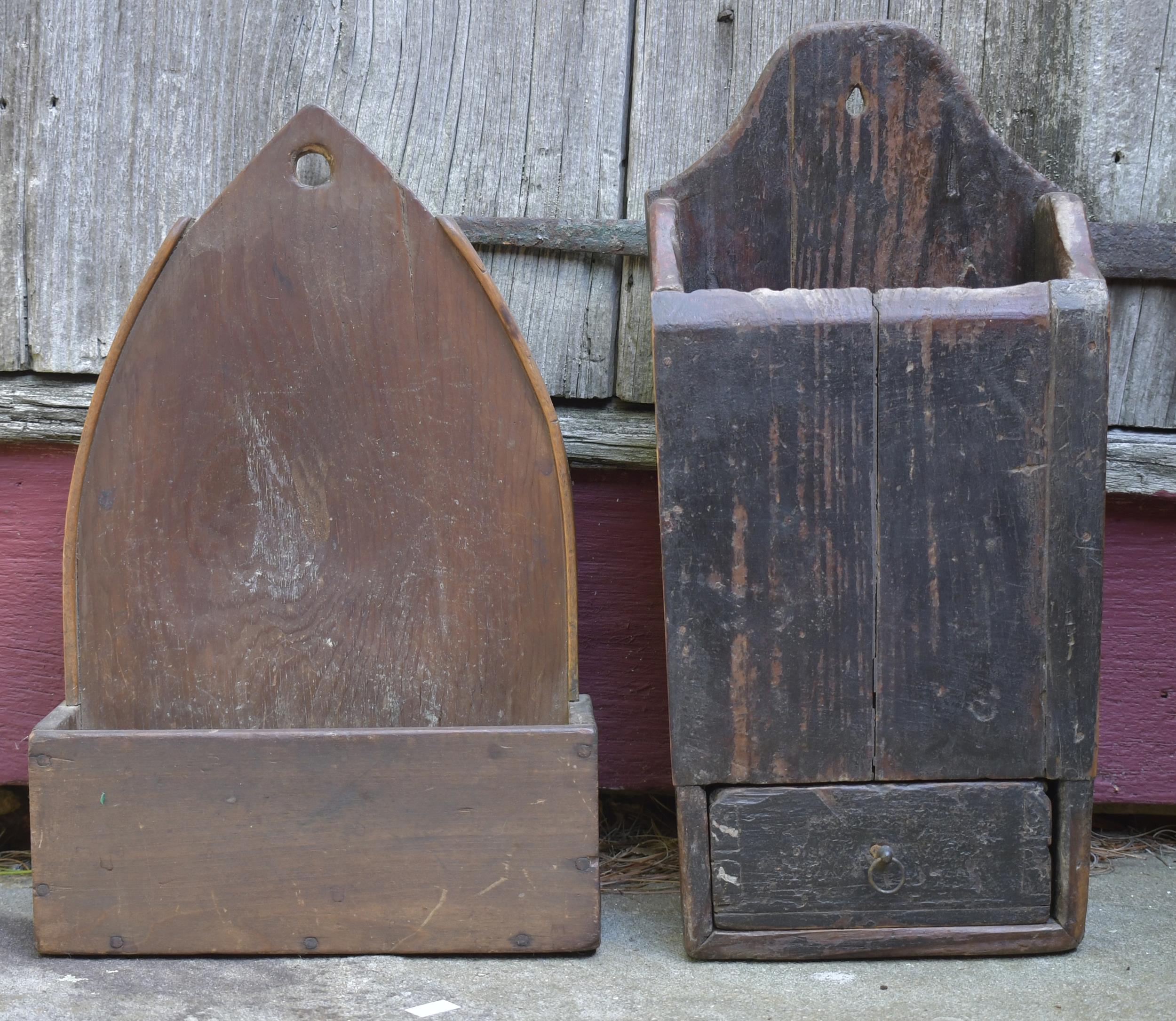 Appraisal: TWO EARLY WALL BOXES An th C single drawer pine