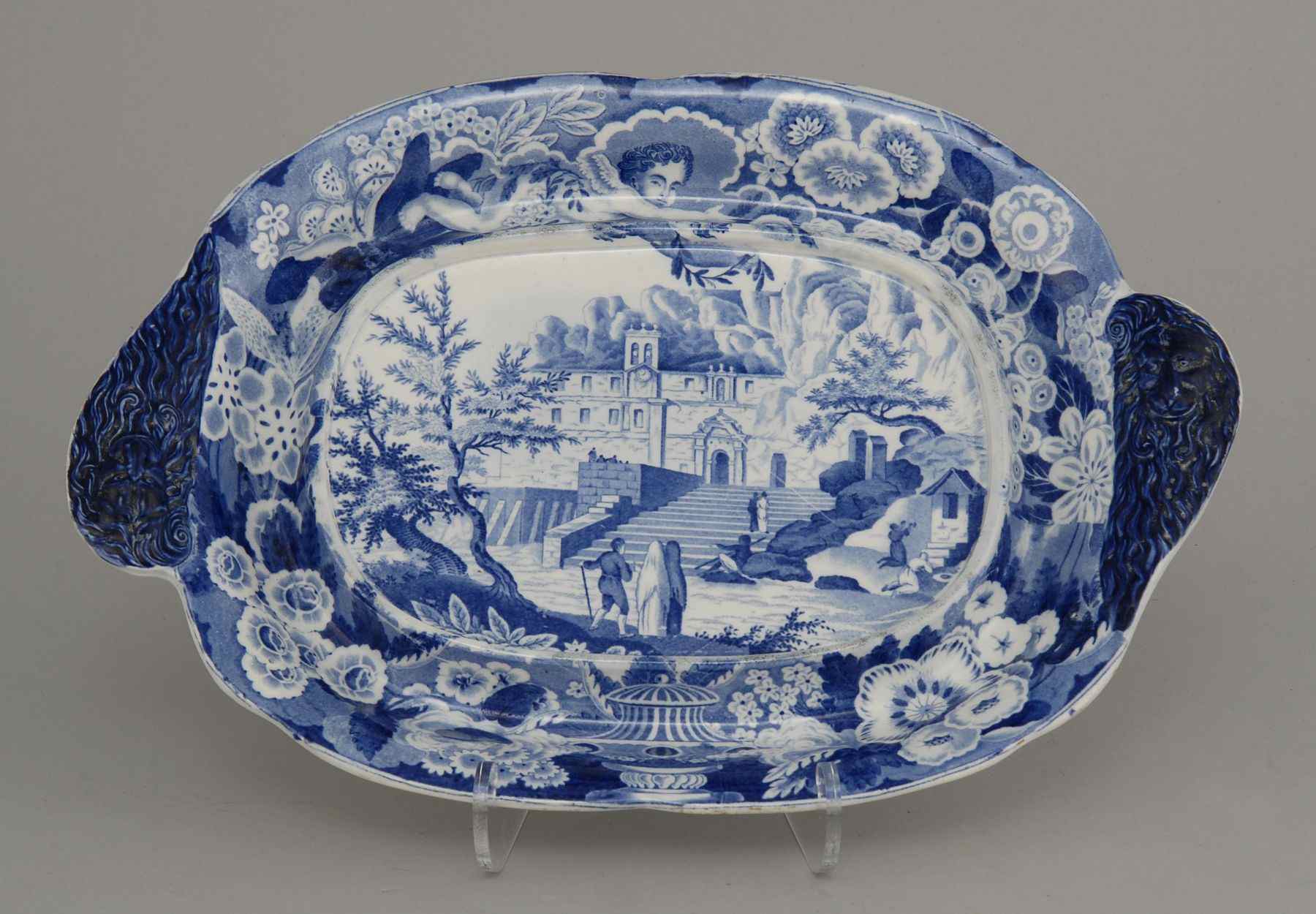 Appraisal: EARLY STAFFORDSHIRE BLUE AND WHITE OVAL TUREEN STANDEnglish th CenturyWith