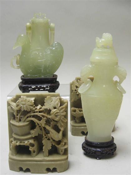 Appraisal: Two Chinese serpentine vases and soapstone bookends early th century