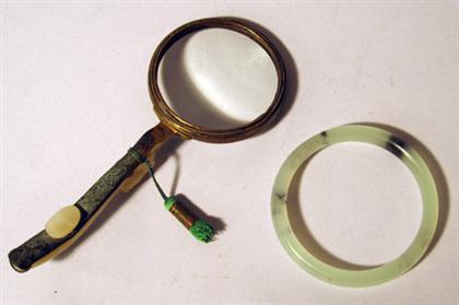 Appraisal: Chinese white jade belt-hook and bangle hook th century Mounted