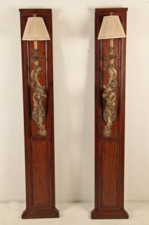 Appraisal: PAIR OF FRENCH LOUIS XV STYLE BRONZE SCONCES ON MAHOGANY