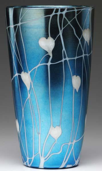 Appraisal: DURAND Tapered vase with white hearts and vines on iridescent