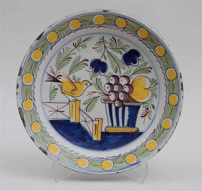 Appraisal: DUTCH DELFT POLYCHROME LARGE PLATE Circa painted with a yellow