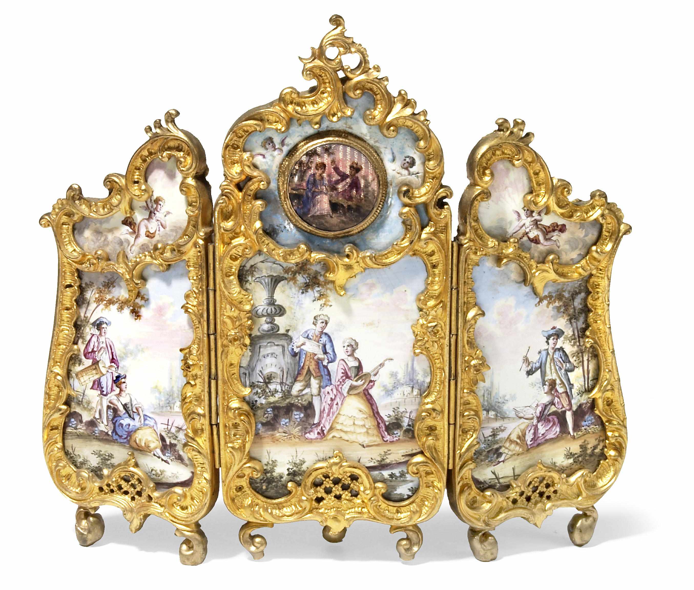 Appraisal: A Louis XVI style gilt bronze mounted enamel miniature three