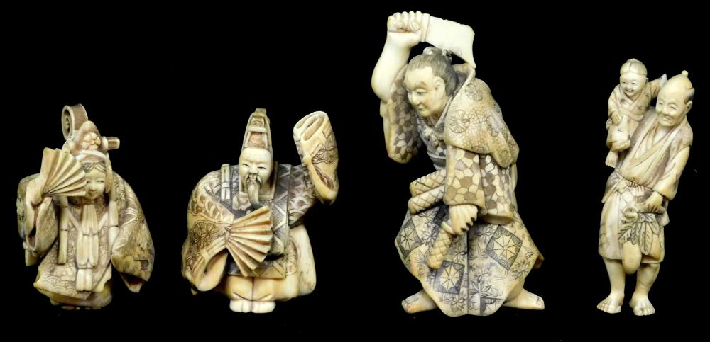 Appraisal: ASIAN Four carved ivory figures Japanese th C including a