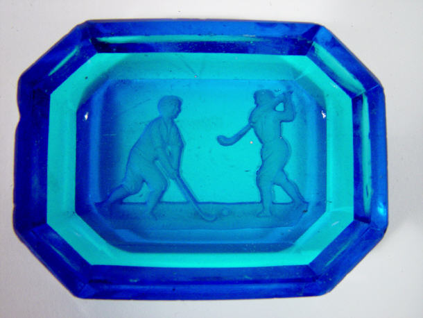 Appraisal: Octagonal blue glass salt cut with cricketers cm in length