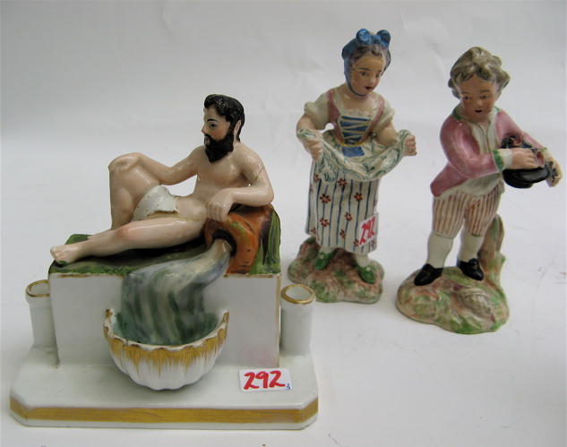 Appraisal: THREE PORCELAIN ARTICLES an Italian Capodimonte figural inkwell of a