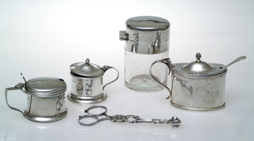 Appraisal: TWO SILVER DRUM MUSTARD POTS each with blue glass liner