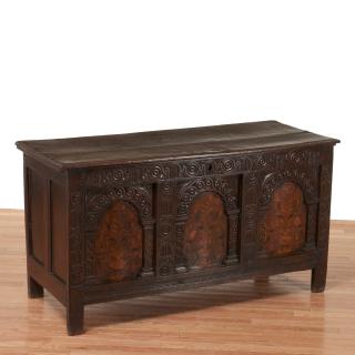 Appraisal: Jacobean carved oak blanket chest Jacobean carved oak blanket chest