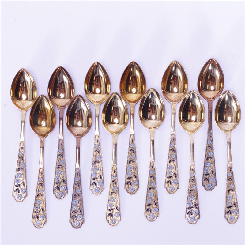 Appraisal: Set of cased Russian enamel and gilt silver vermeil spoons