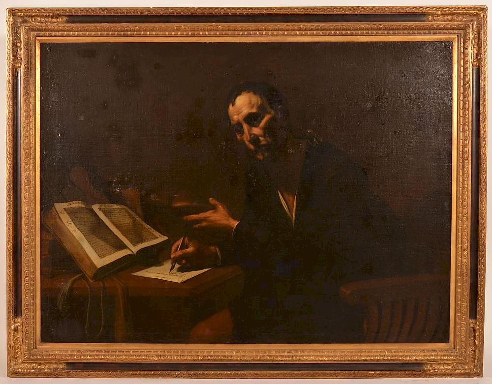 Appraisal: Large Oil Painting of a Man Writing at a Desk