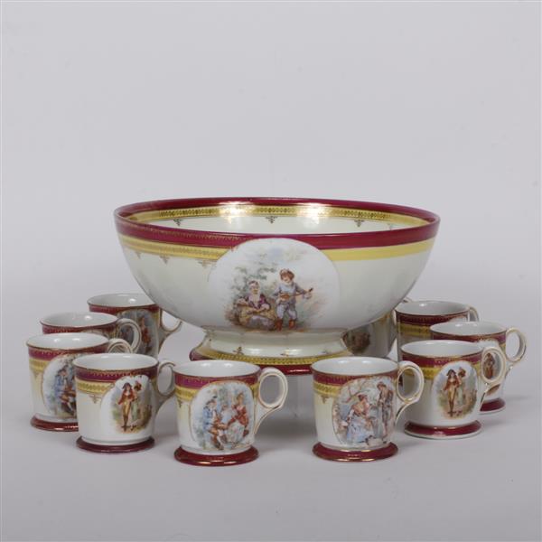 Appraisal: Austrian transfer-decorated porcelain punch bowl set made for Burley Co