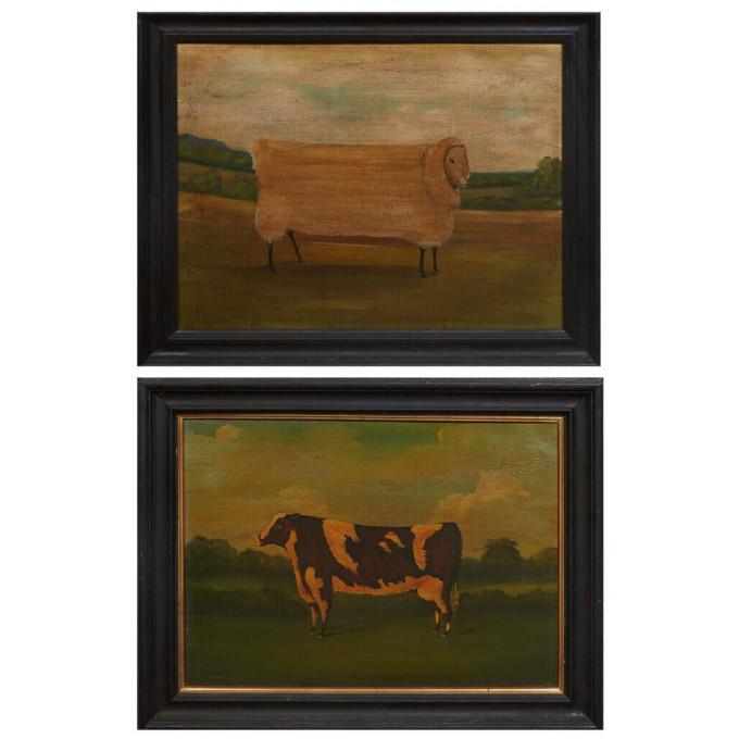 Appraisal: Pair of English Primitive Paintings Cow and Sheep th c