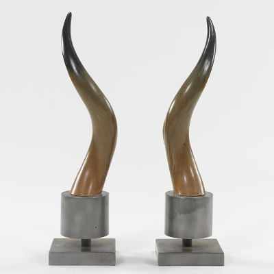 Appraisal: A Pair Natural Horns on Steel Bases Polished natural cow