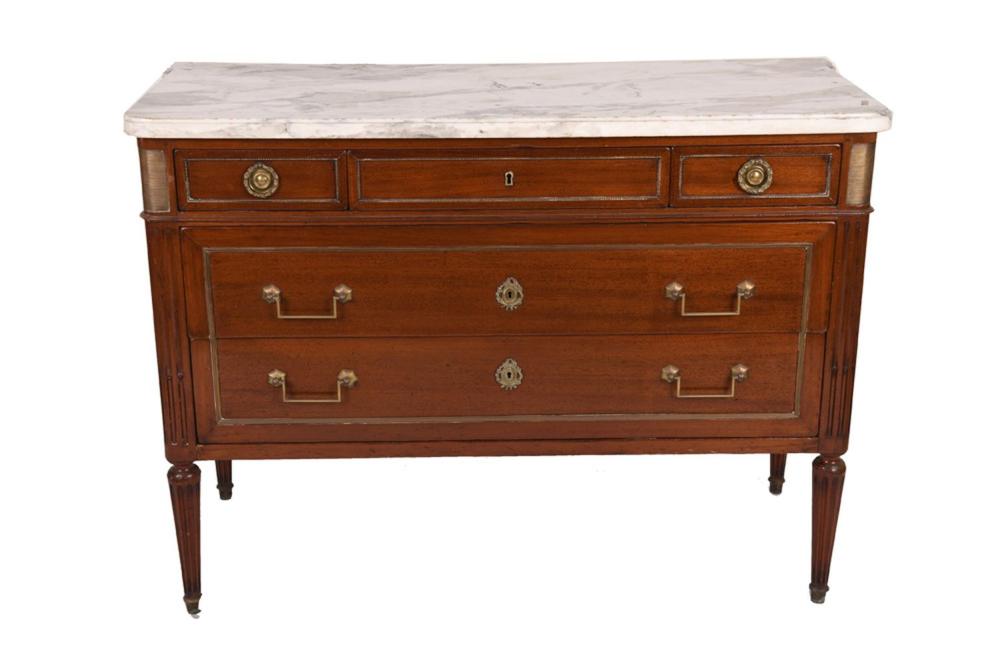 Appraisal: FRENCH MAHOGANY MARBLE TOP COMMODE inches wide inches deep inches