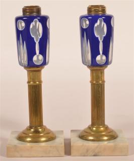 Appraisal: Pair of th Century Fluid Lamps Cobalt blue cut to