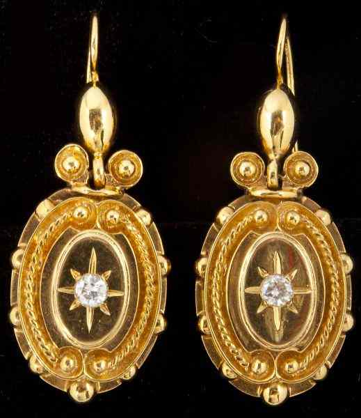 Appraisal: Gold and Diamond Drop Pendant Earringsdesigned in an oval shield