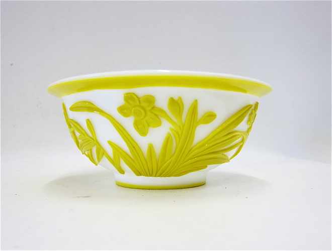 Appraisal: CHINESE PEKING GLASS YELLOW ON WHITE BOWL having a floral